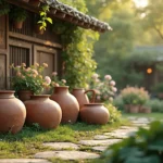 Rústico decoración de jardines con tinajas de barro