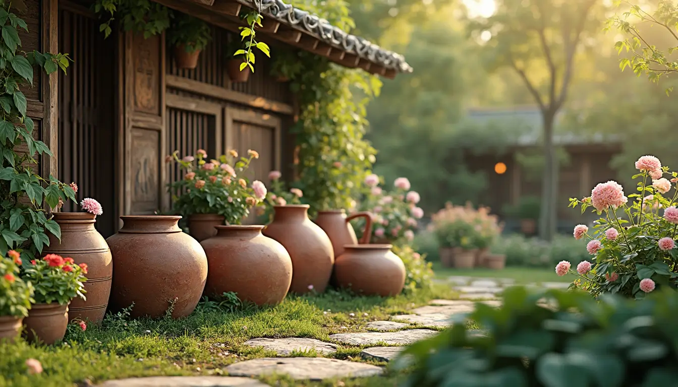 Rústico decoración de jardines con tinajas de barro