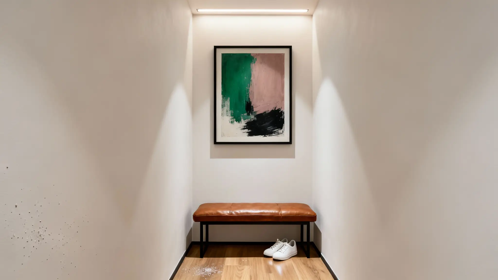 Decoración minimalista en recibidor pequeño moderno con láminas decorativas