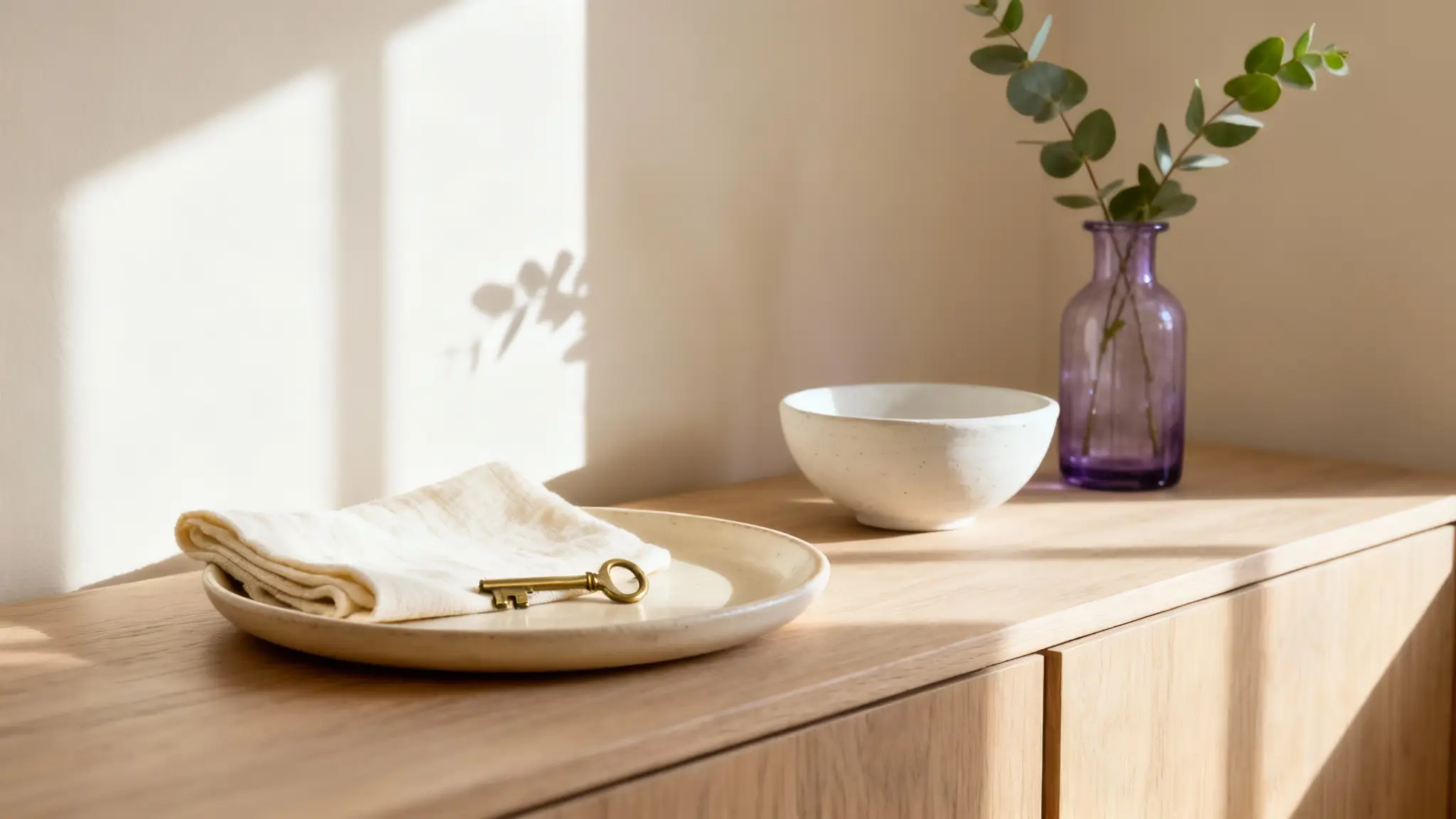 Accesorios decorativos ligeros en recibidor pequeño moderno y ordenado